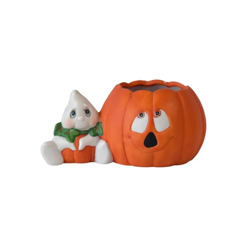 Vintage 90s Cute Ghost Pumpkin Ceramic Candle Holder